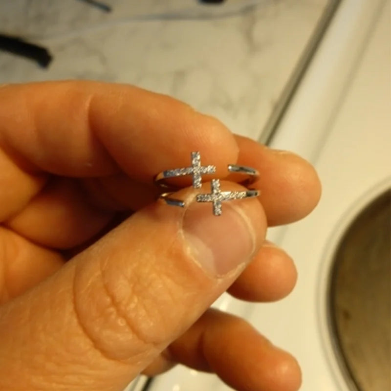 Shiny Double Cross Ring Zircon Gold Color Luxury Women Jewelry