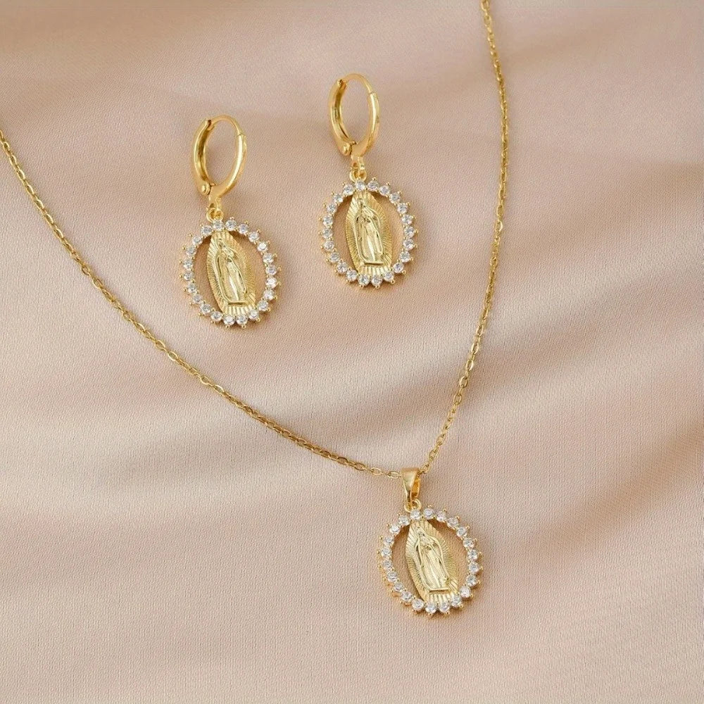 High-End Our Lady Necklace Earrings Set Luxury Niche Jewelry Women