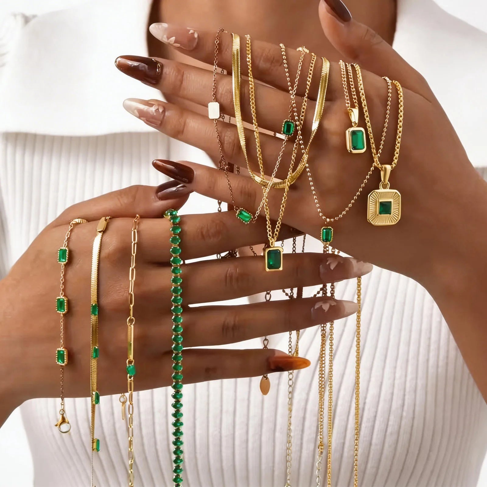 Vintage Green Zircon Necklace Gold Plated Women Jewelry