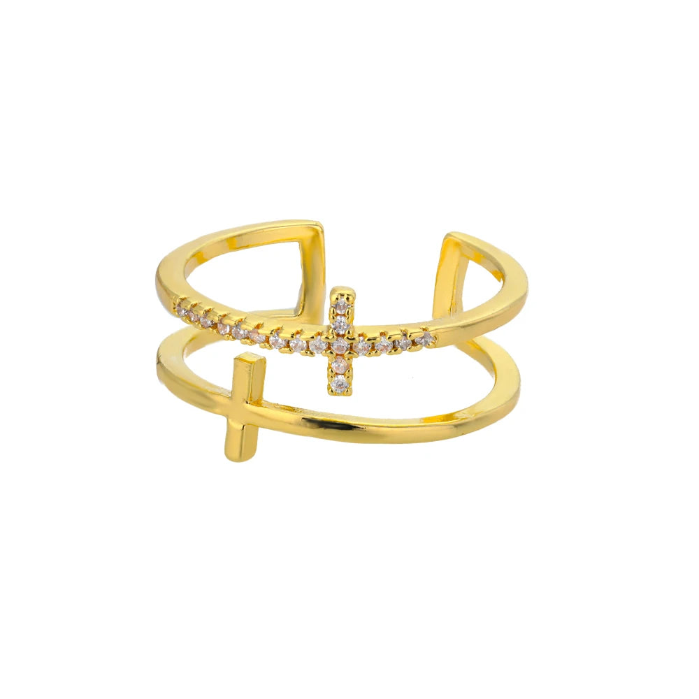 Shiny Double Cross Ring Zircon Gold Color Luxury Women Jewelry