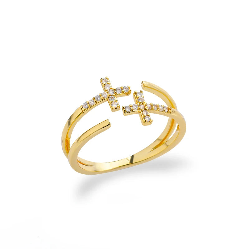 Shiny Double Cross Ring Zircon Gold Color Luxury Women Jewelry