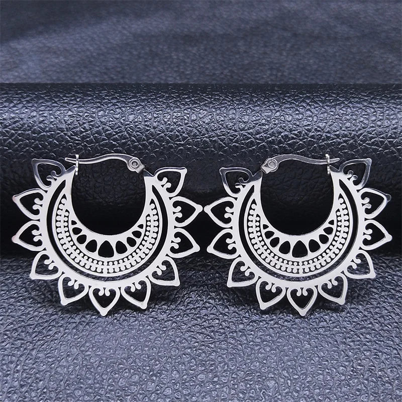 Indian Mandala Lotus Hoop Earrings Gold Stainless Steel Women