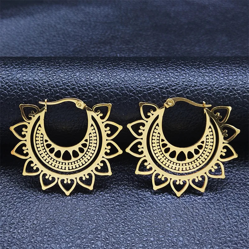 Indian Mandala Lotus Hoop Earrings Gold Stainless Steel Women