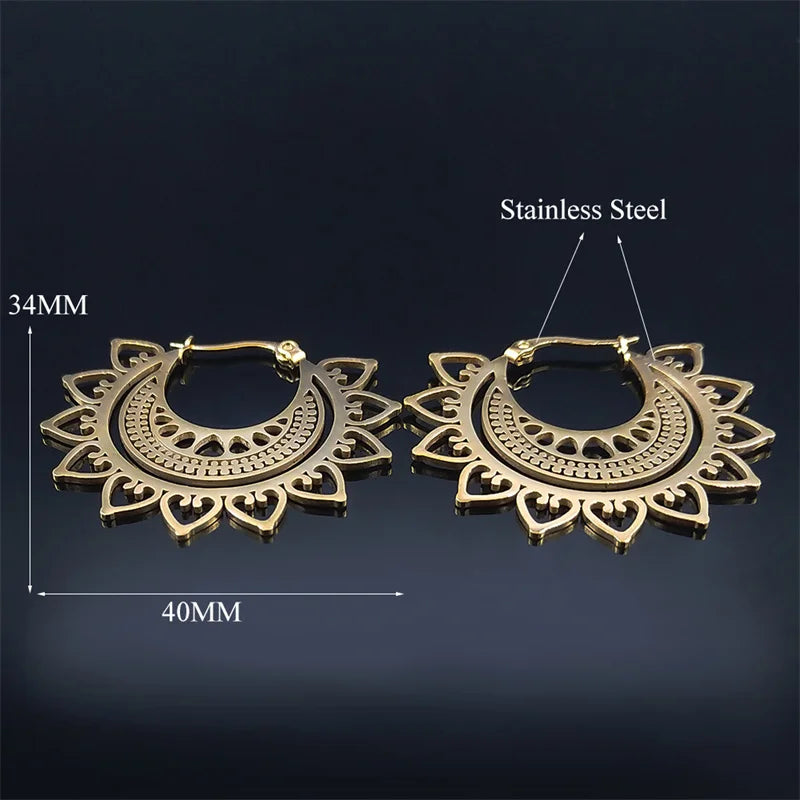 Indian Mandala Lotus Hoop Earrings Gold Stainless Steel Women