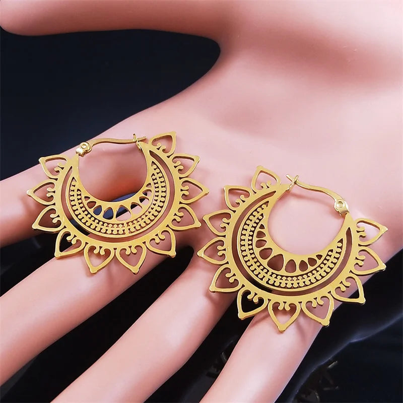 Indian Mandala Lotus Hoop Earrings Gold Stainless Steel Women