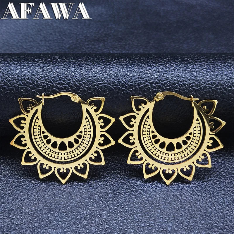 Indian Mandala Lotus Hoop Earrings Gold Stainless Steel Women