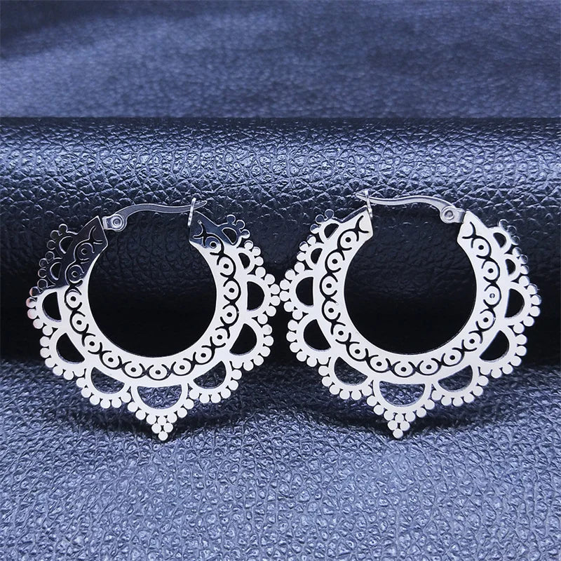 Indian Mandala Lotus Hoop Earrings Gold Stainless Steel Women