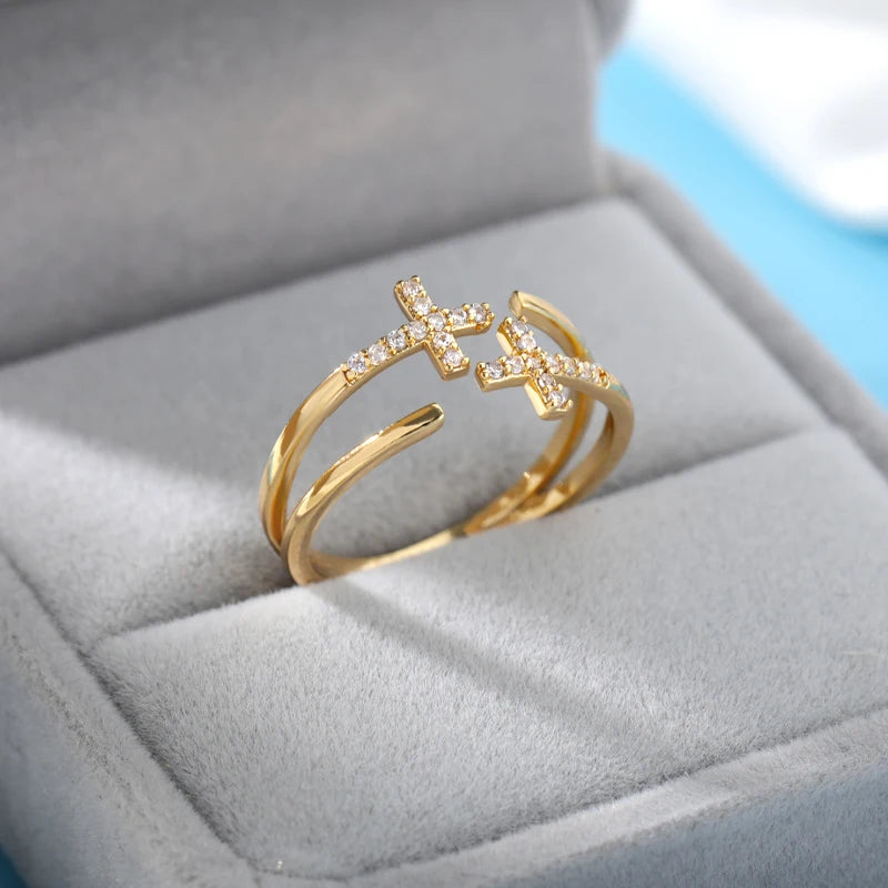 Shiny Double Cross Ring Zircon Gold Color Luxury Women Jewelry