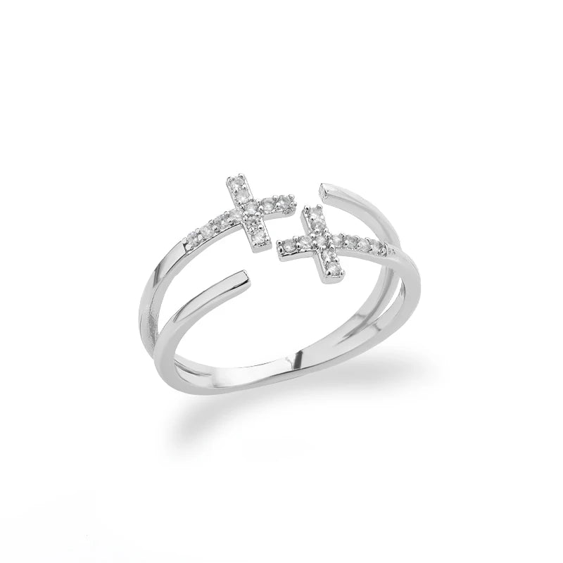 Shiny Double Cross Ring Zircon Gold Color Luxury Women Jewelry