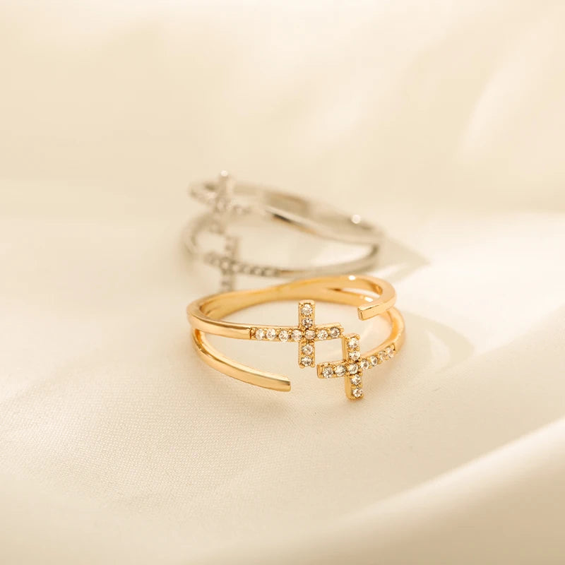 Shiny Double Cross Ring Zircon Gold Color Luxury Women Jewelry