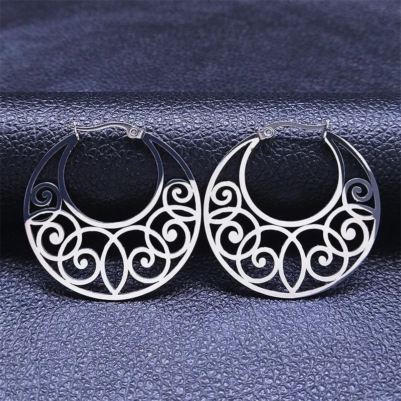 Indian Mandala Lotus Hoop Earrings Gold Stainless Steel Women