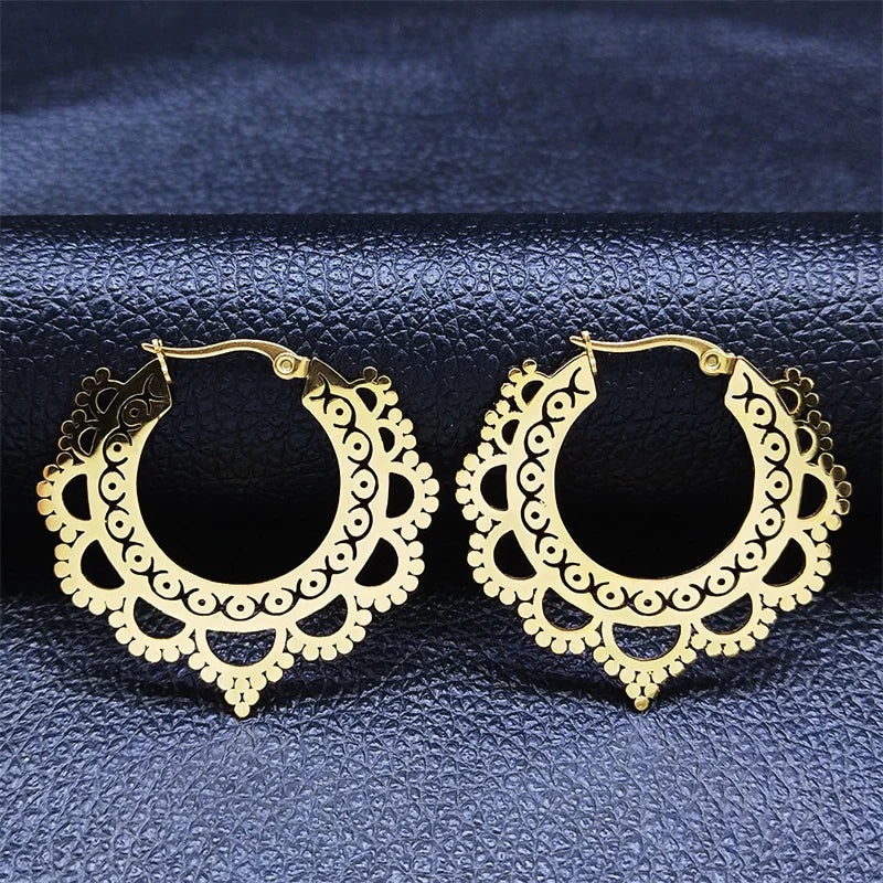 Indian Mandala Lotus Hoop Earrings Gold Stainless Steel Women