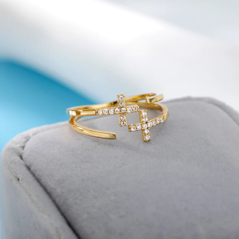 Shiny Double Cross Ring Zircon Gold Color Luxury Women Jewelry