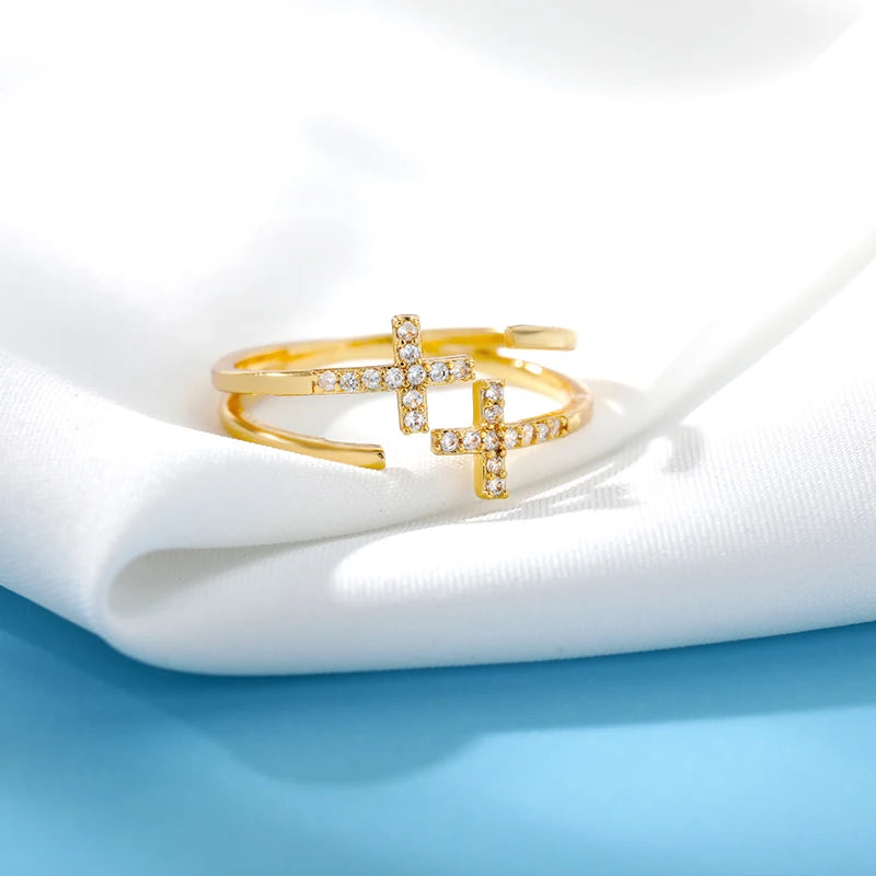 Shiny Double Cross Ring Zircon Gold Color Luxury Women Jewelry