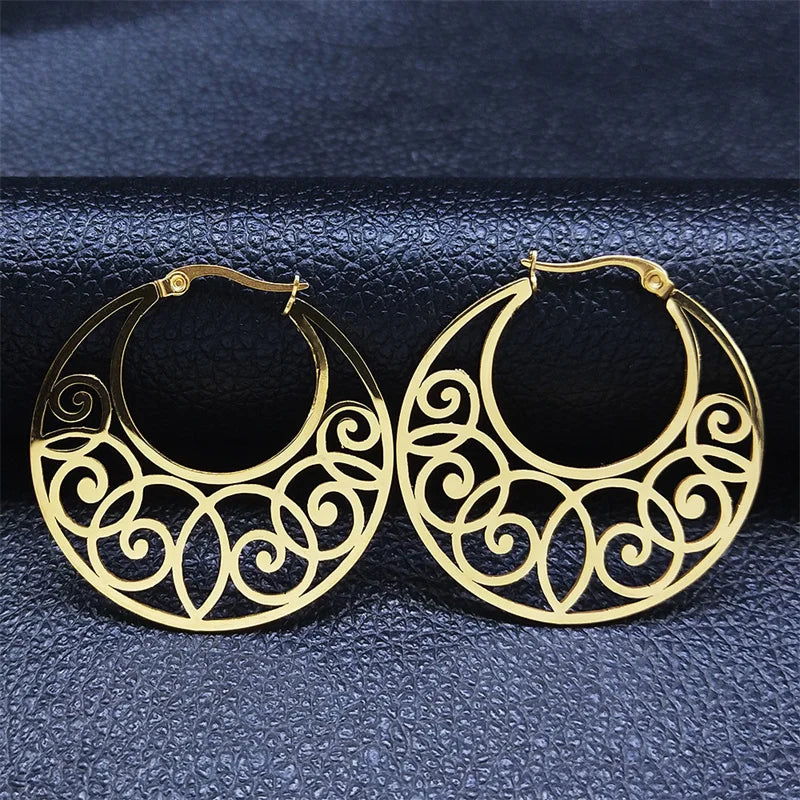 Indian Mandala Lotus Hoop Earrings Gold Stainless Steel Women