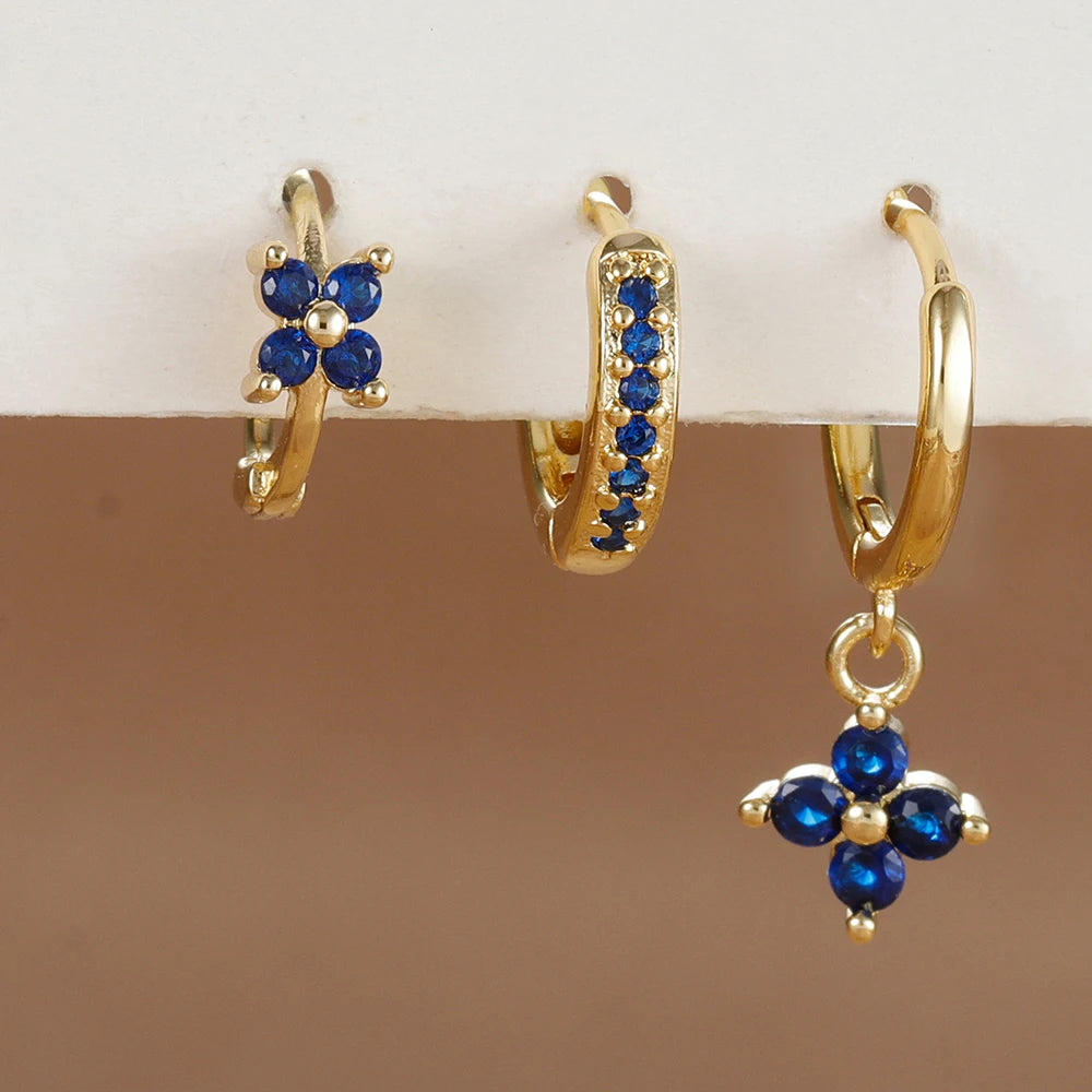 3PCS Flower Drop Earrings Set Zircon Stainless Steel Women