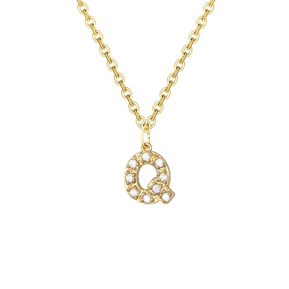 Gold Zircon Initial Necklace A-Z Stainless Steel Letter Pendant Women