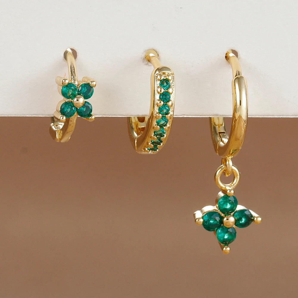 3PCS Flower Drop Earrings Set Zircon Stainless Steel Women