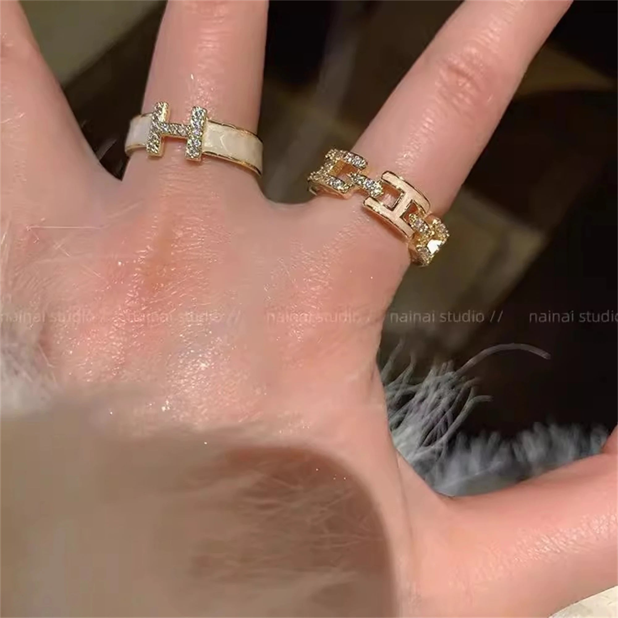 Elegant H Letter Ring Enamel Zircon Open Adjustable Women