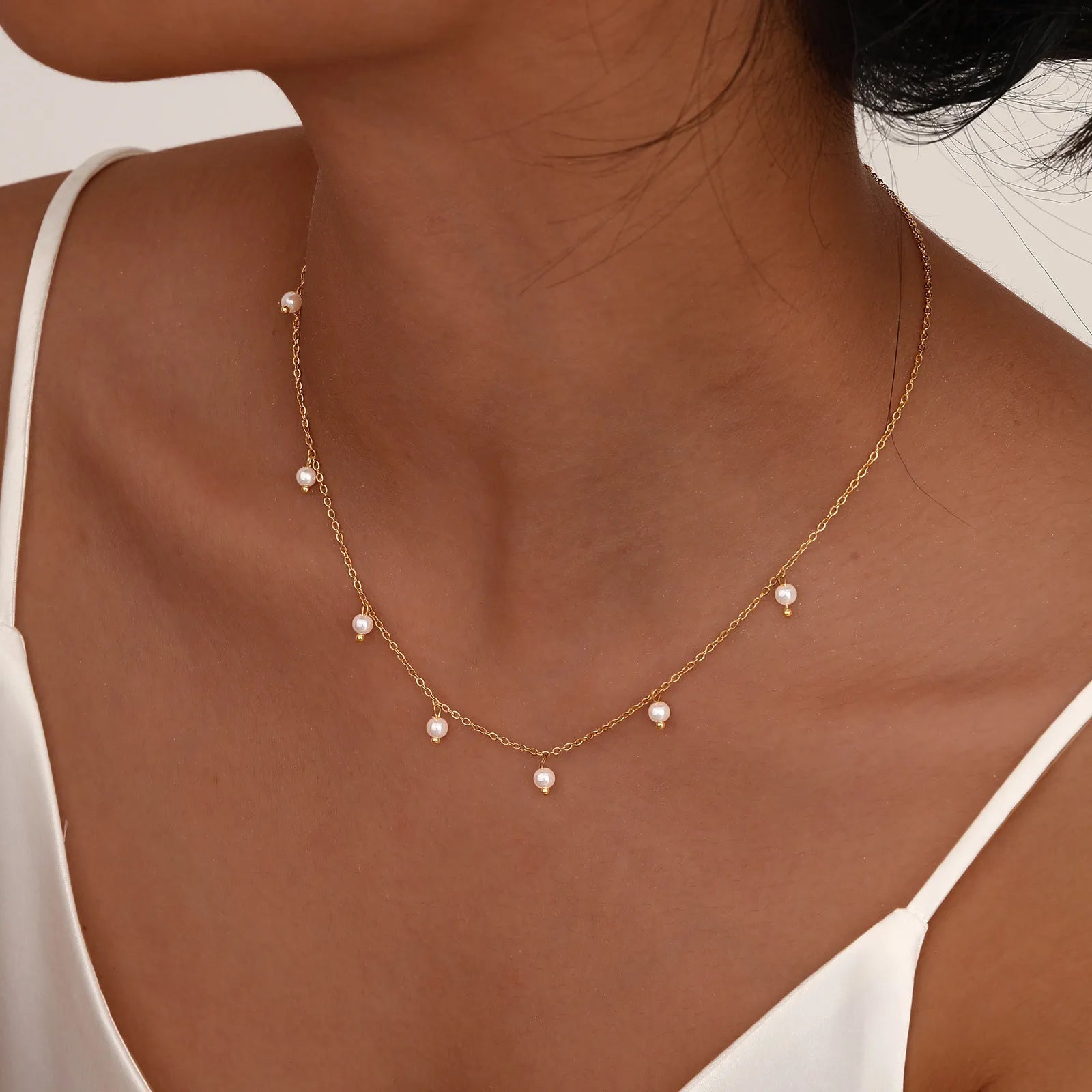 Pearl Choker Necklace 18K Gold Plated Stainless Steel Adjustable