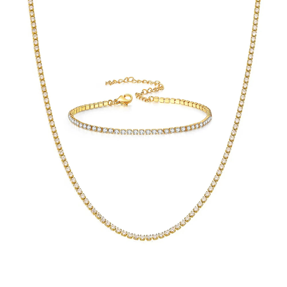 Bold Iced Out Necklace Bracelet Set Stainless Steel Women