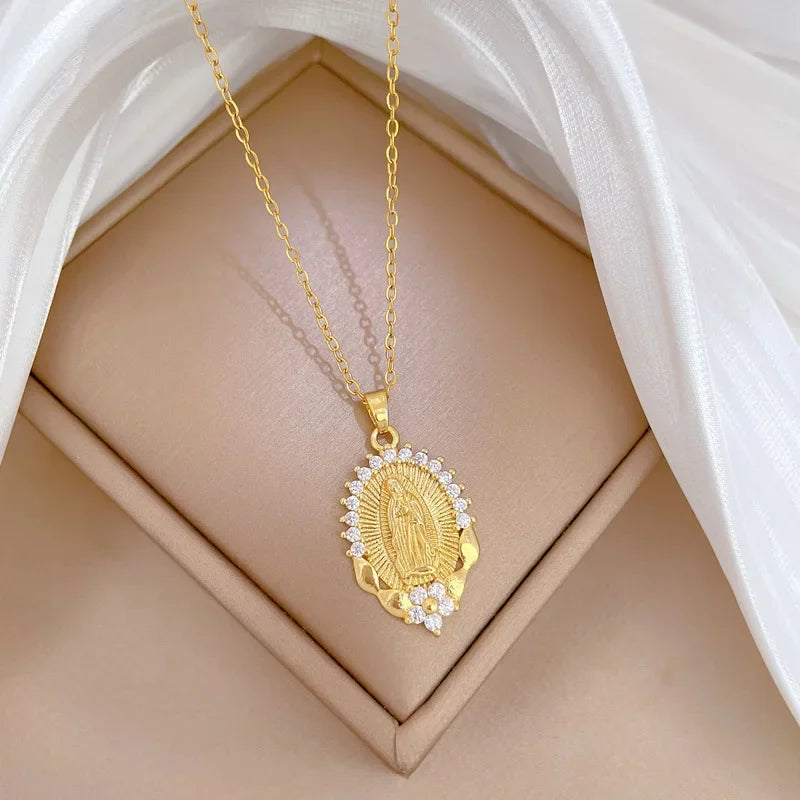 Religious Virgin Mary Flower Pendant Necklace Zircon Chain