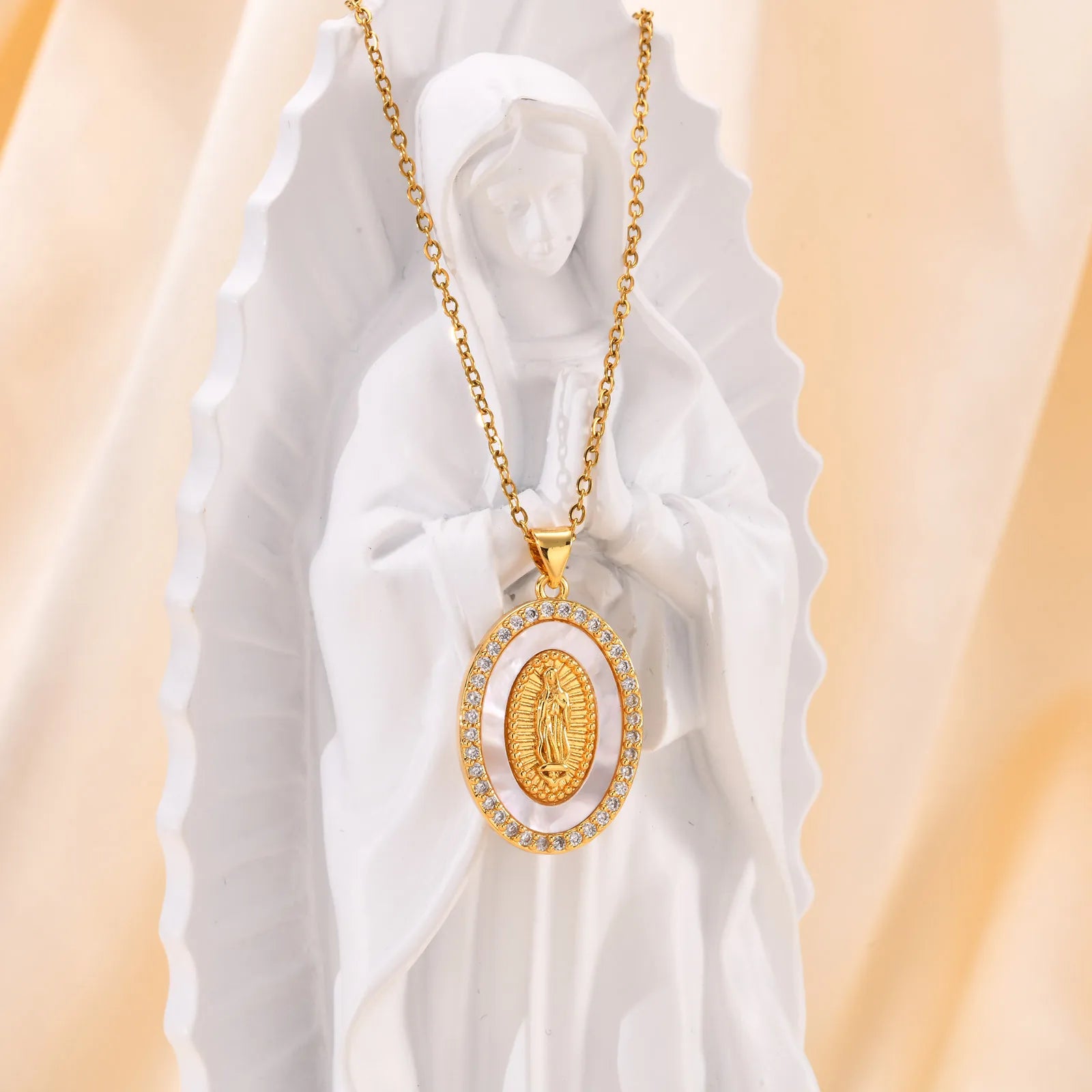 Elegant Guadalupe Mary Pendant Necklace with Sparkling Zircon Inlay