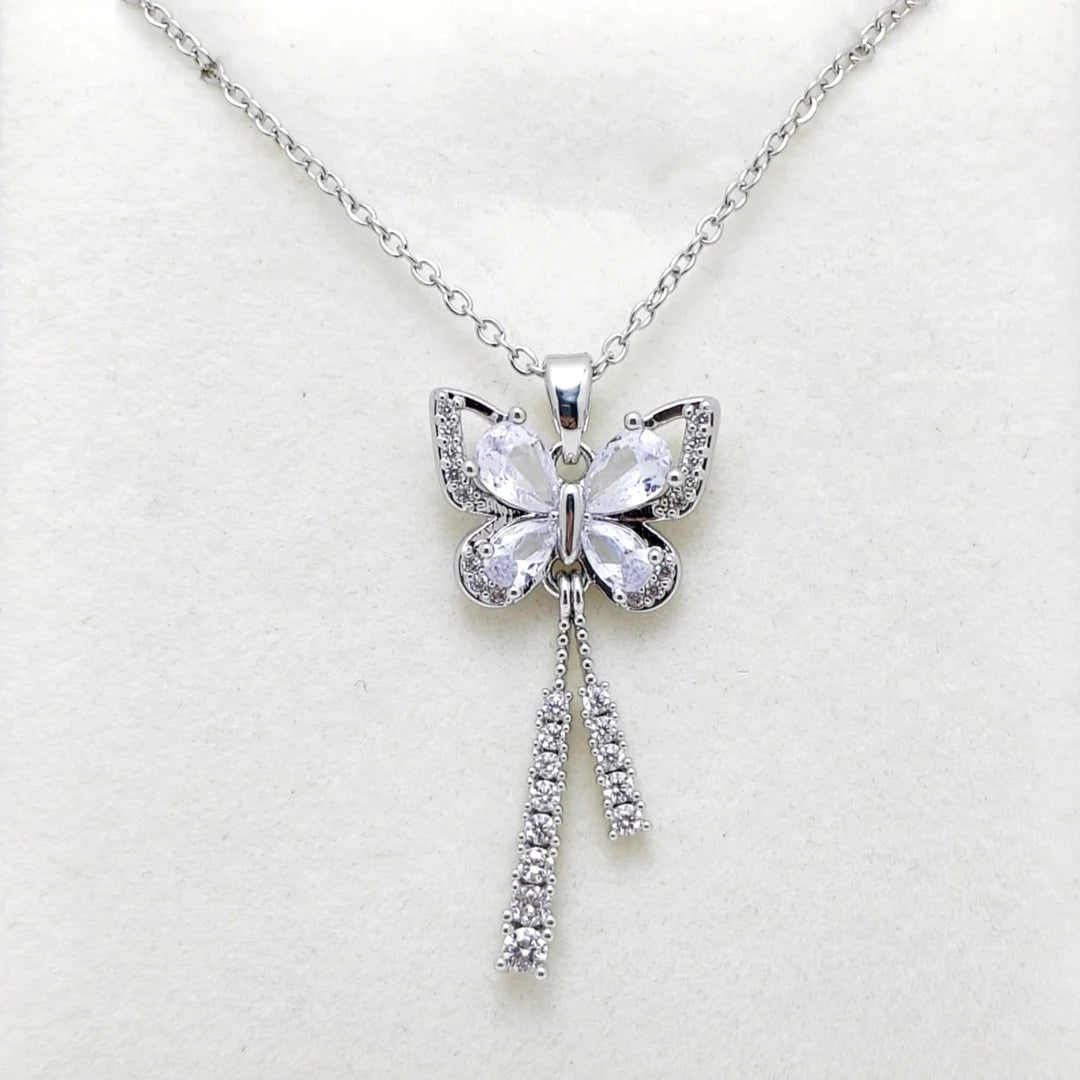 Elegant Butterfly Necklace Zircon Tassel Titanium Steel Women