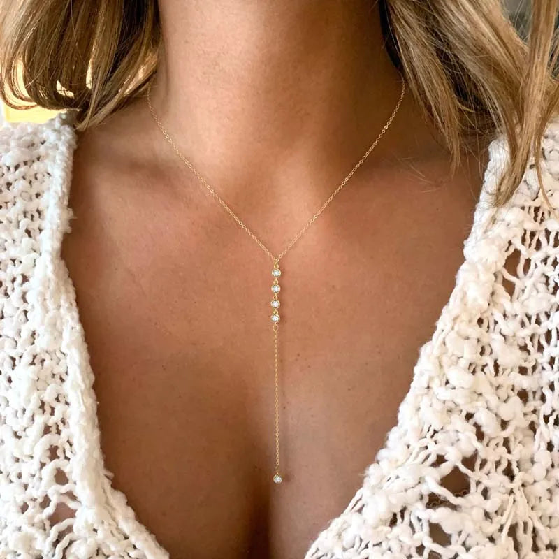 Y-Shaped Crystal Zircon Tassel Necklace Long Chain Choker Women