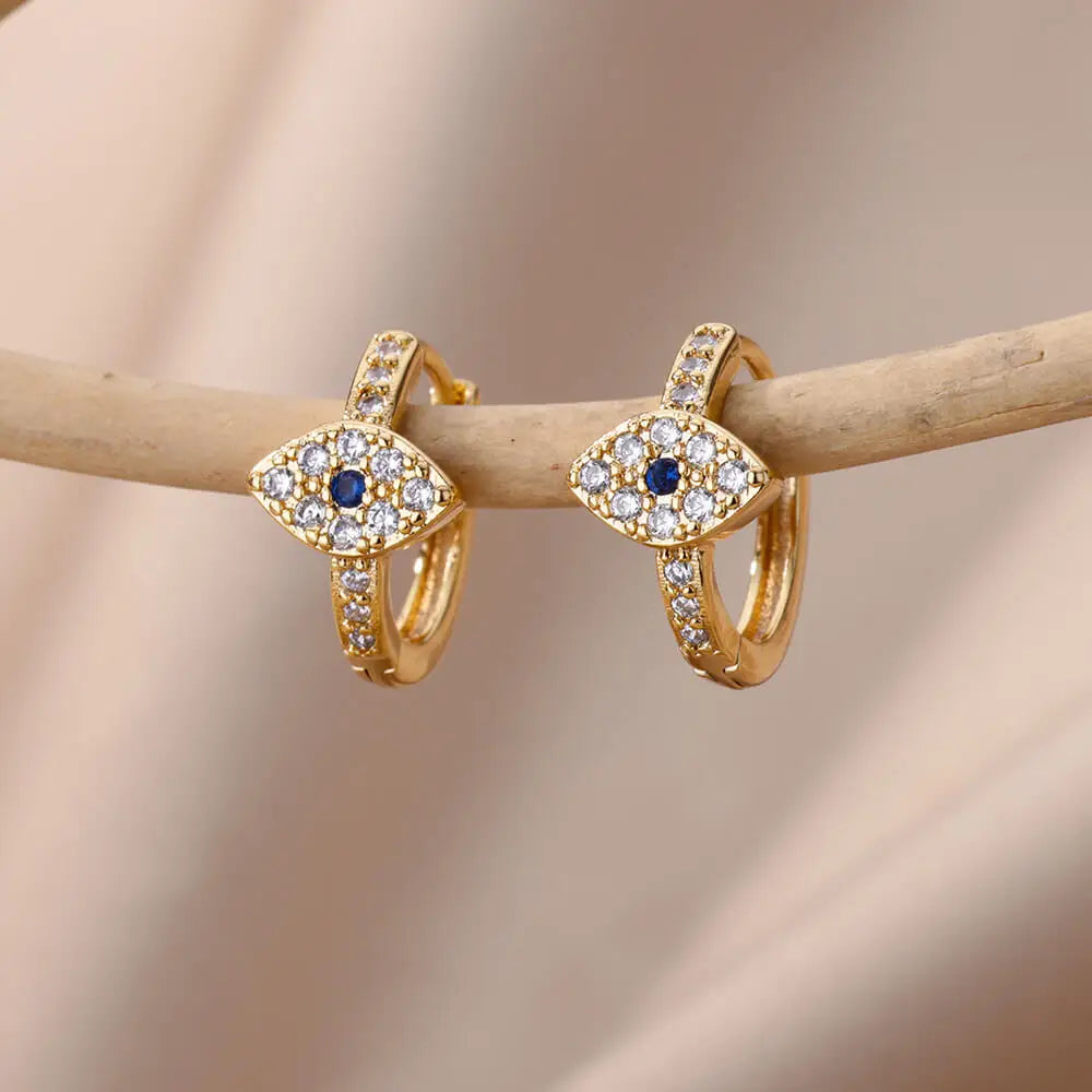 Gold Color Evil Eye Zircon Earrings Stainless Steel Vintage Style
