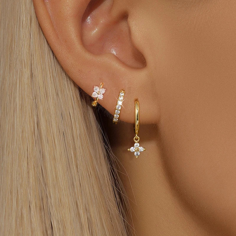 3PCS Flower Drop Earrings Set Zircon Stainless Steel Women