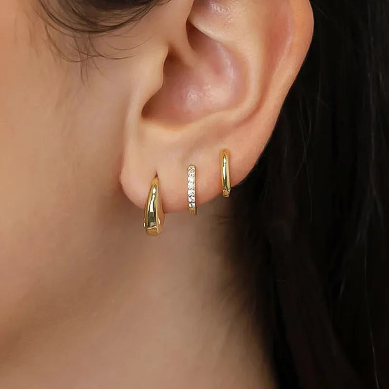 3 Pairs Zircon Hoop Earrings Gold Stainless Steel Trendy Women