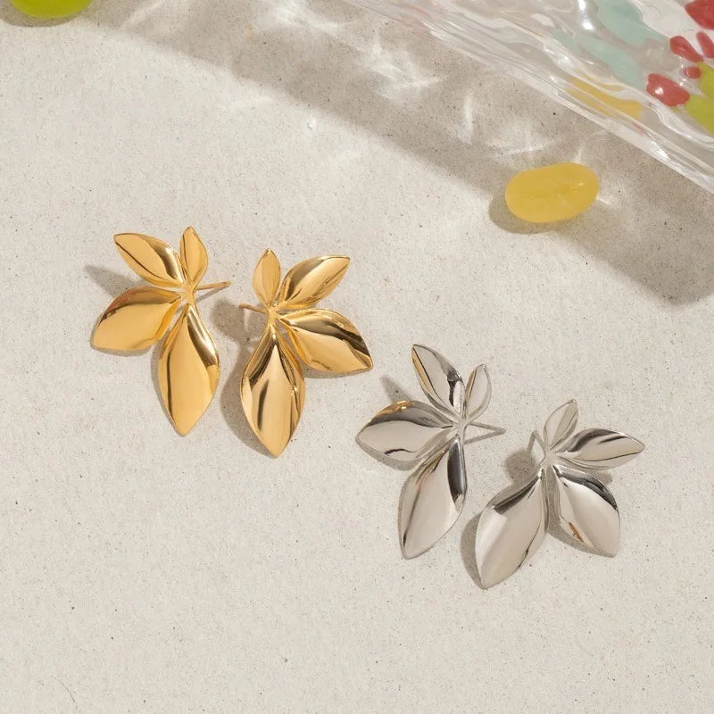 Leaf Shaped Floral Stud Earrings Stainless Steel Elegant Women