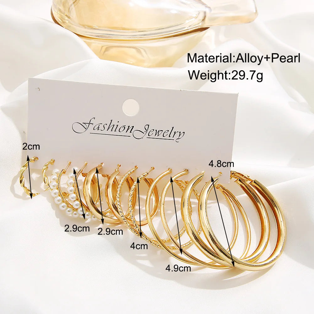 Stylish Boho Earring Set Big Hoops Pearl Square Heart Zircon Design