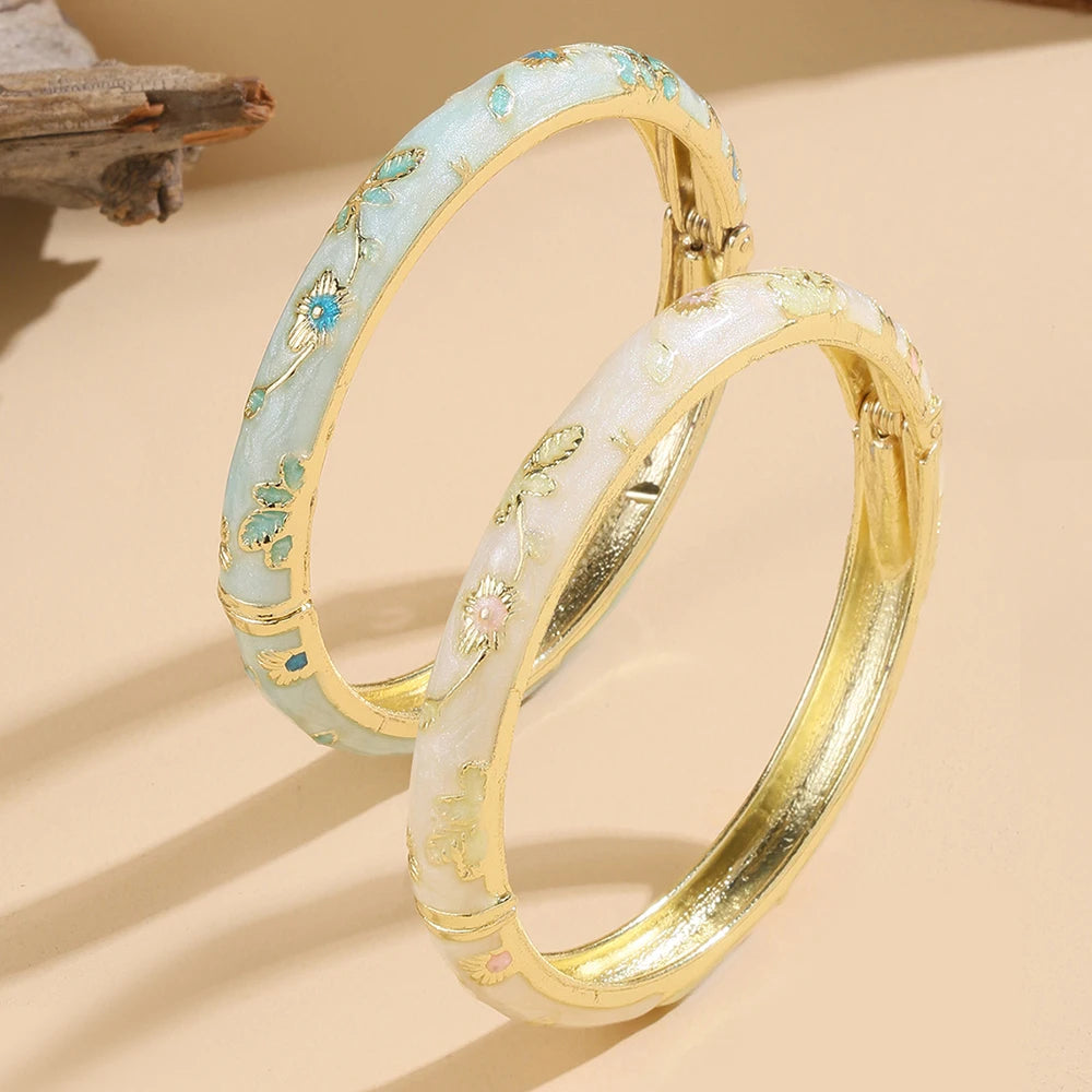2PCS Flower Bracelet Set Cloisonne Bohemian Women Bangles