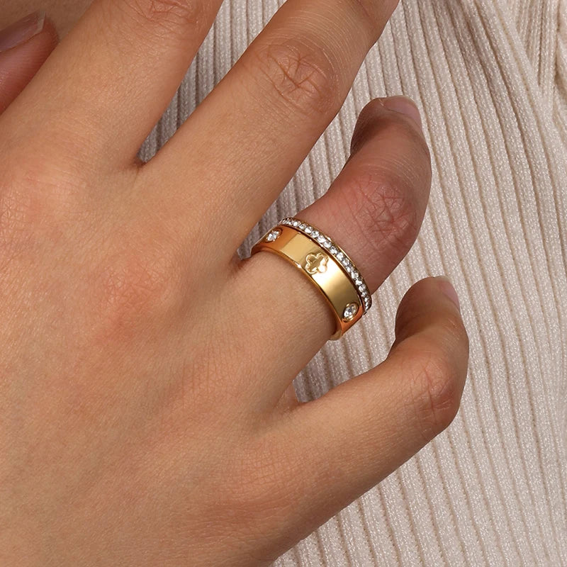 2PCS Clover Rings Set Zircon Stainless Steel Shiny Women