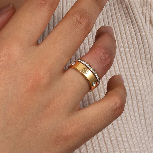 2PCS Clover Rings Set Zircon Stainless Steel Shiny Women