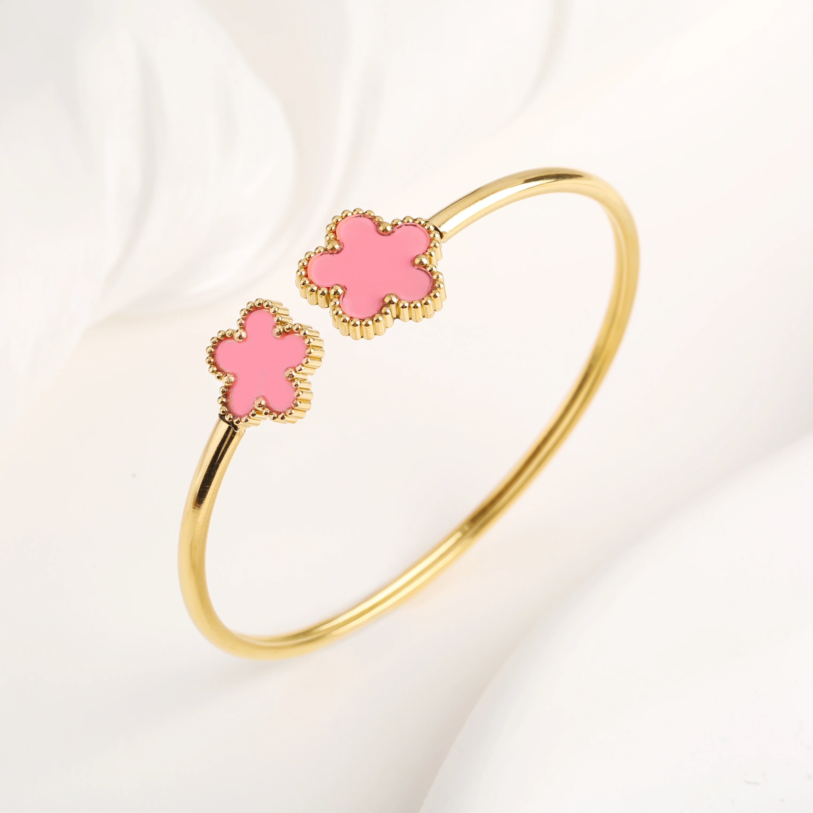 Lucky Five Leaf Clover Jewelry Set Stainless Steel Bangle Ring Women