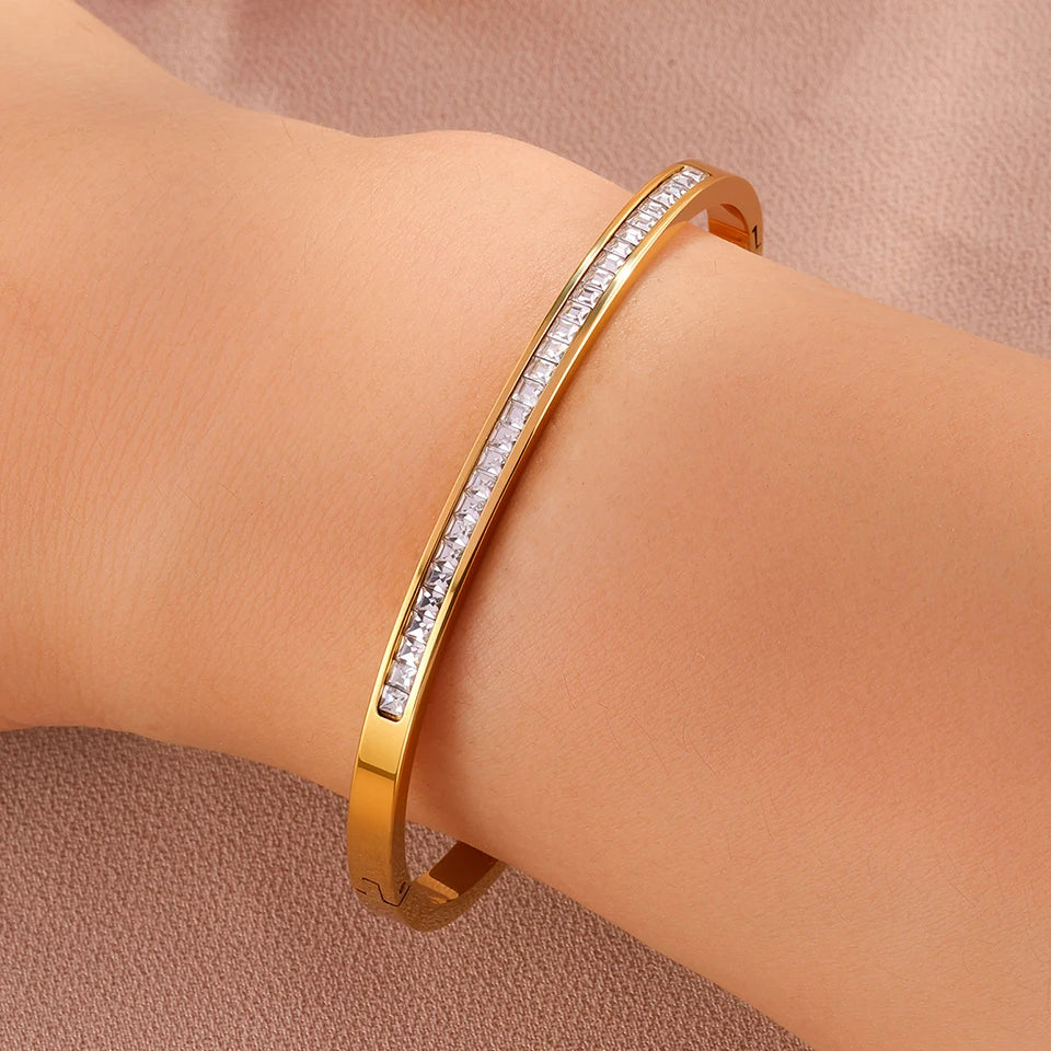 Square Zircon Bracelet Stainless Steel Minimalist Women Jewelry