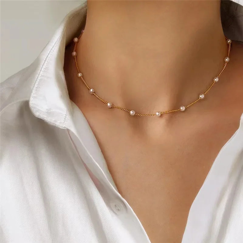 Elegant Layered Necklace Pearl Cross Heart Gold Chain Women