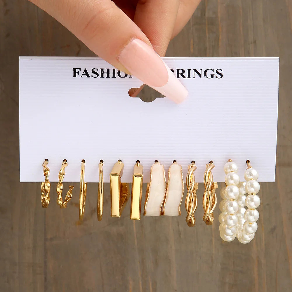 Stylish Boho Earring Set Big Hoops Pearl Square Heart Zircon Design