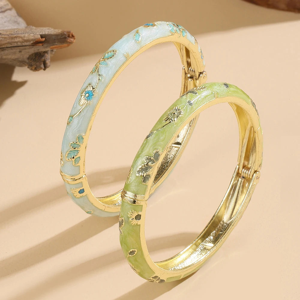 2PCS Flower Bracelet Set Cloisonne Bohemian Women Bangles
