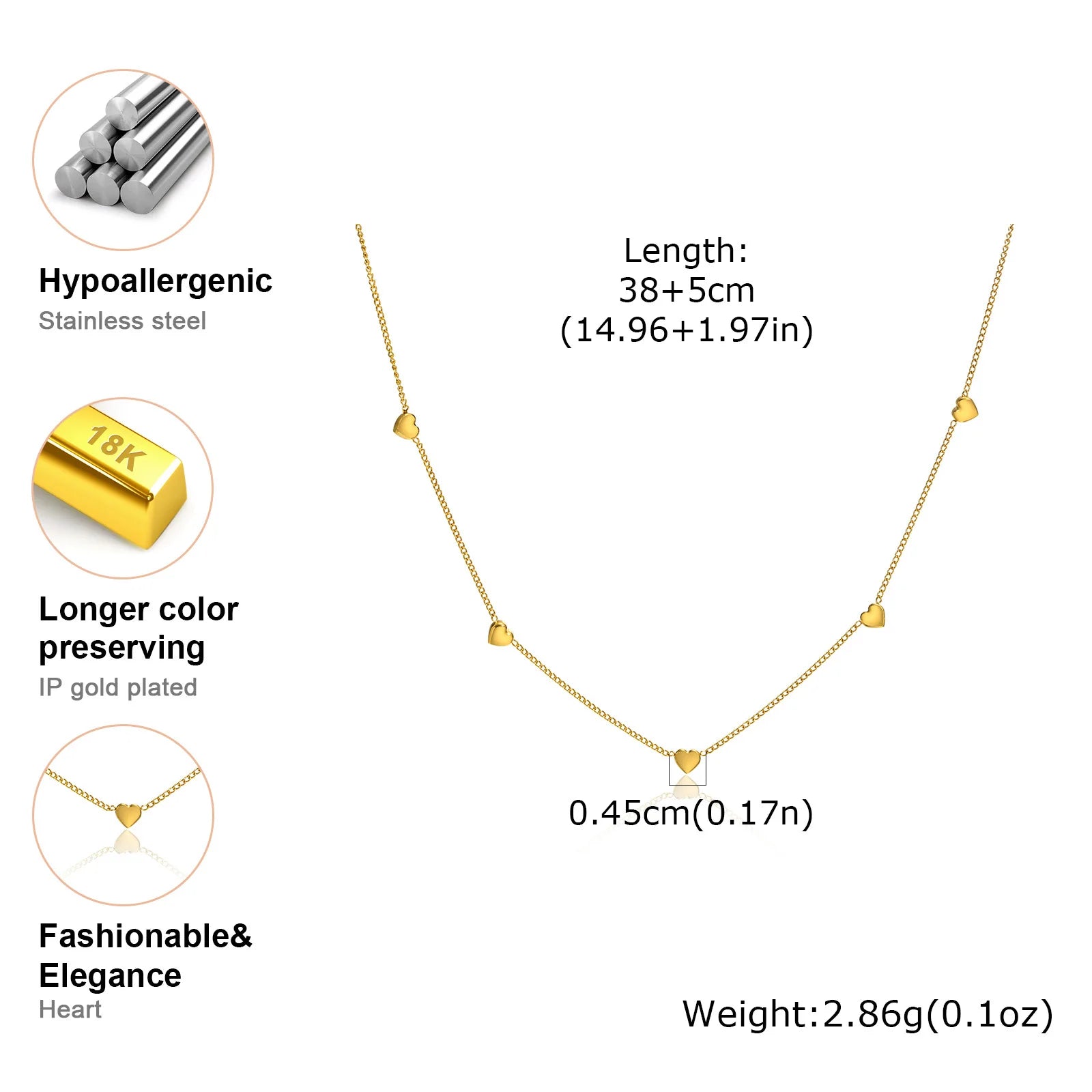 Luxury Zircon Heart Pendant Necklace Stainless Steel Love Charms