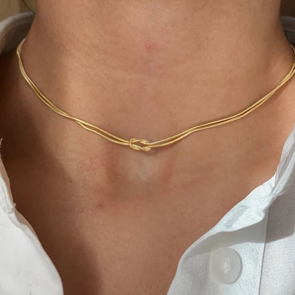 Minimalist Snake Chain Necklace Knotted Gold Women Jewelry