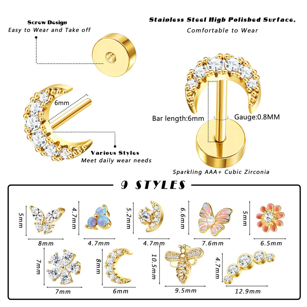 Surgical Steel Flat Back Cartilage Stud Earring Butterfly Flower