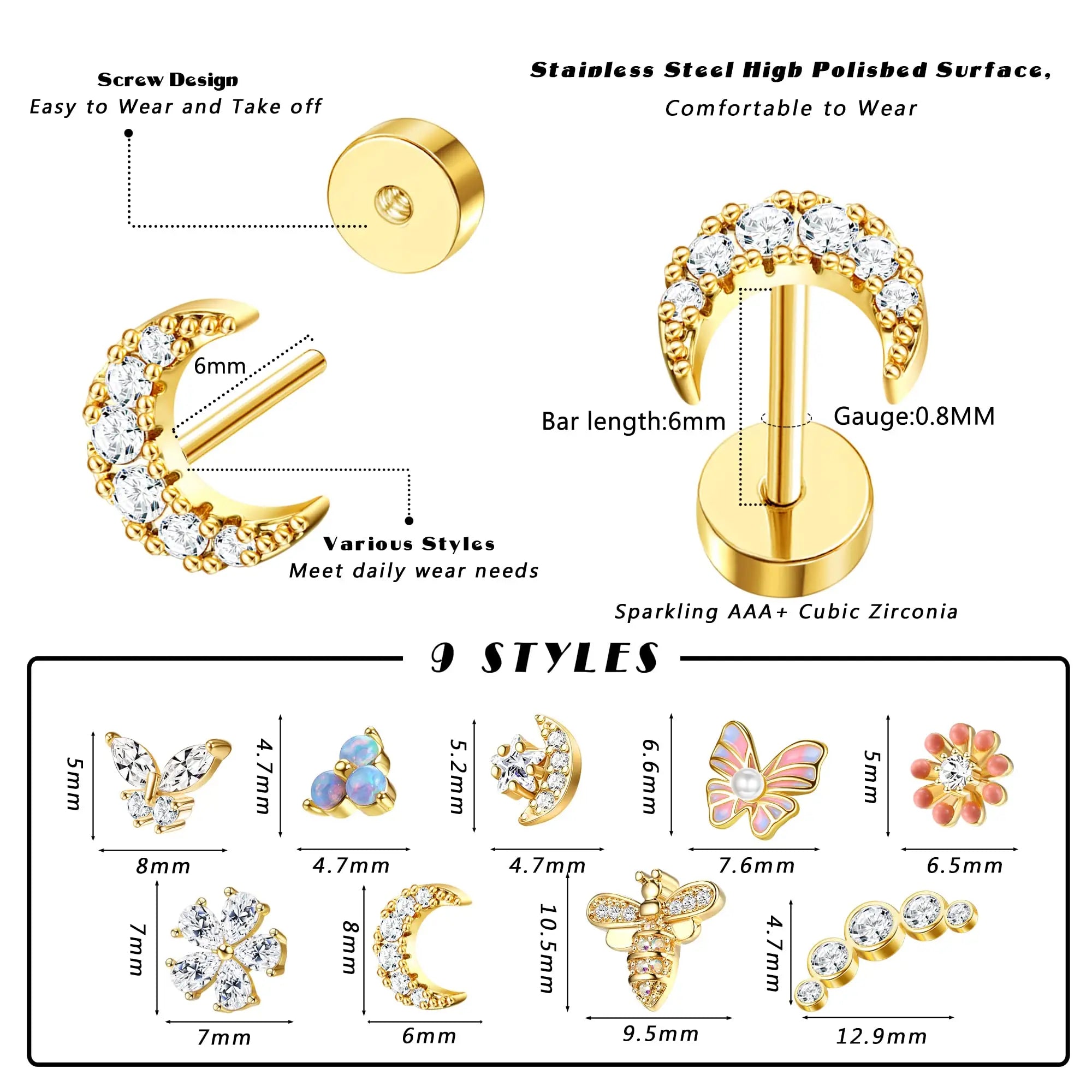 Surgical Steel Flat Back Cartilage Stud Earring Butterfly Flower