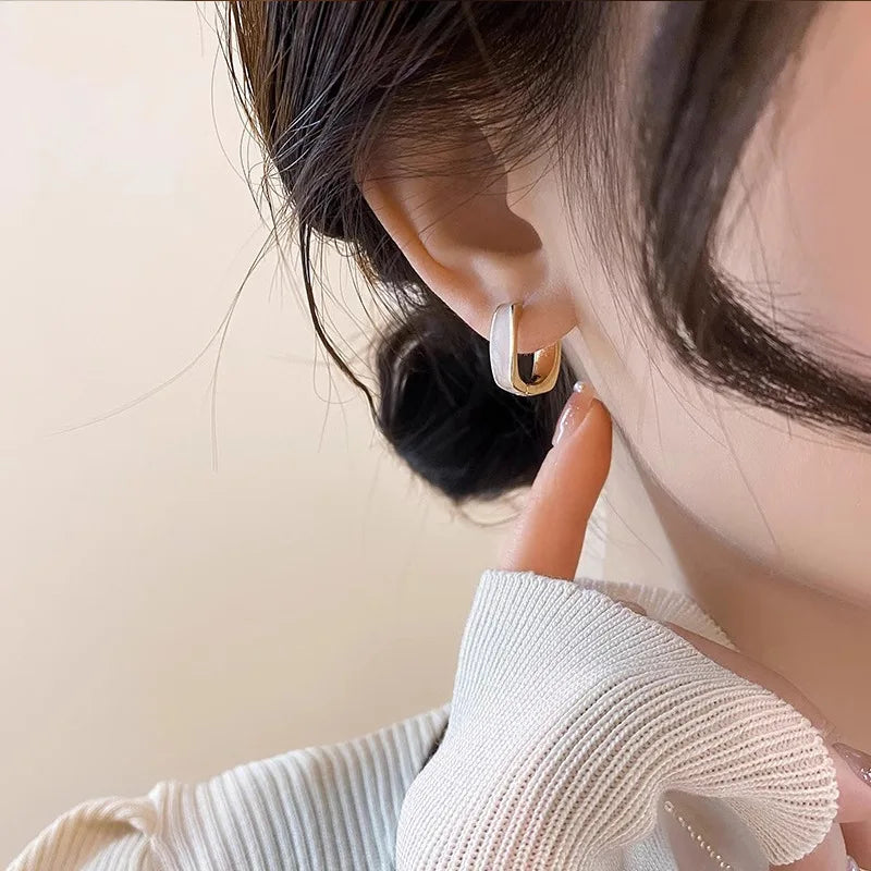 Minimalist Geometric Hoop Earrings with White Enamel for Women