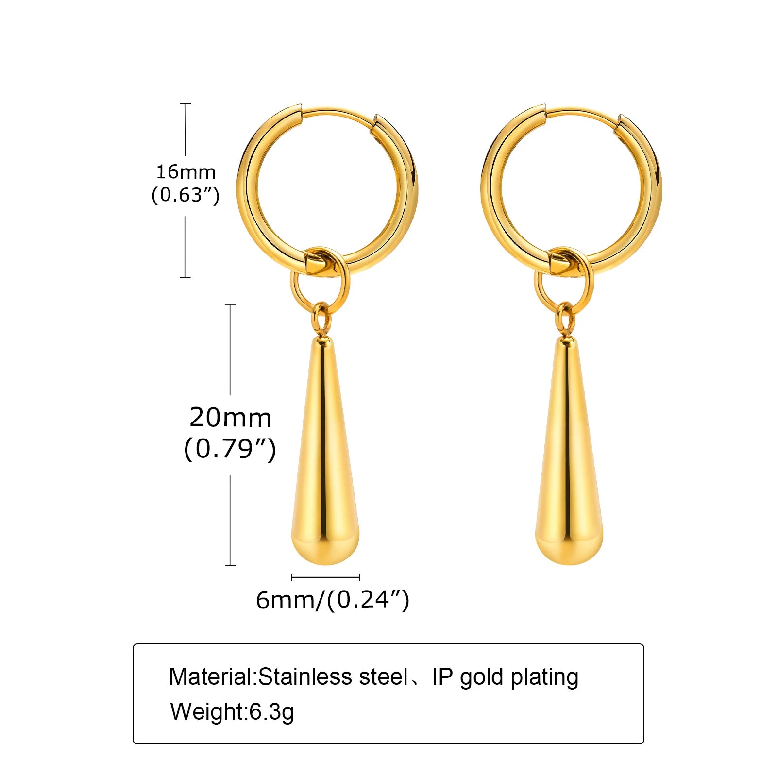 Water Drop Dangle Huggie Hoop Earrings Stainless Steel Women