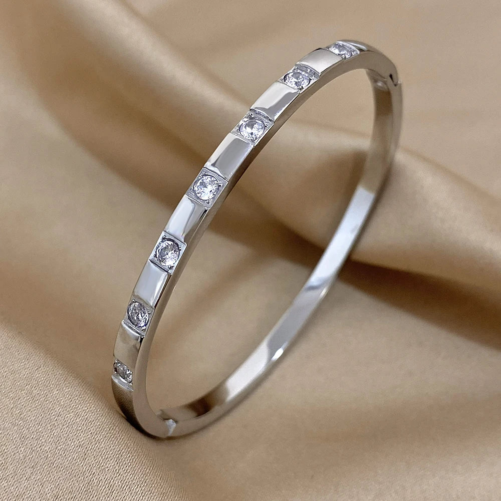 Gold Plated Rhinestone Square Bangle Stainless Steel Waterproof