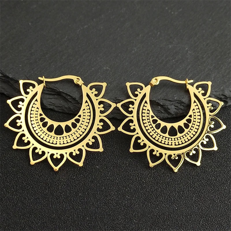 Indian Mandala Lotus Hoop Earrings Gold Stainless Steel Women
